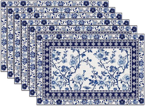 Blue white floral placemats - white,